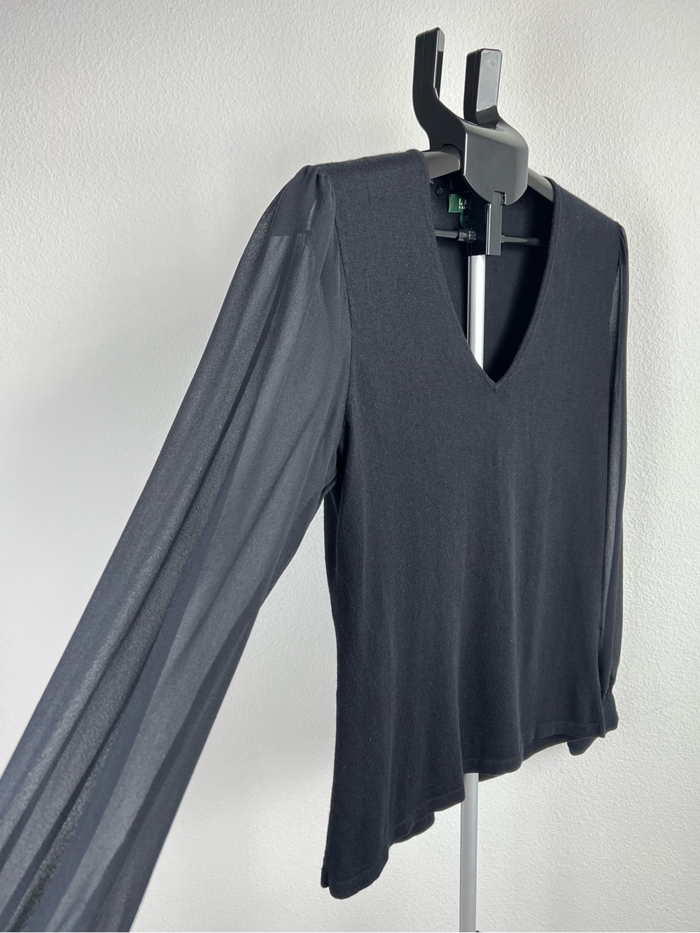 Lauren Ralph Lauren Silk Cashmere Sweater XL Black Sheer Sleeve Knit Top V Neck